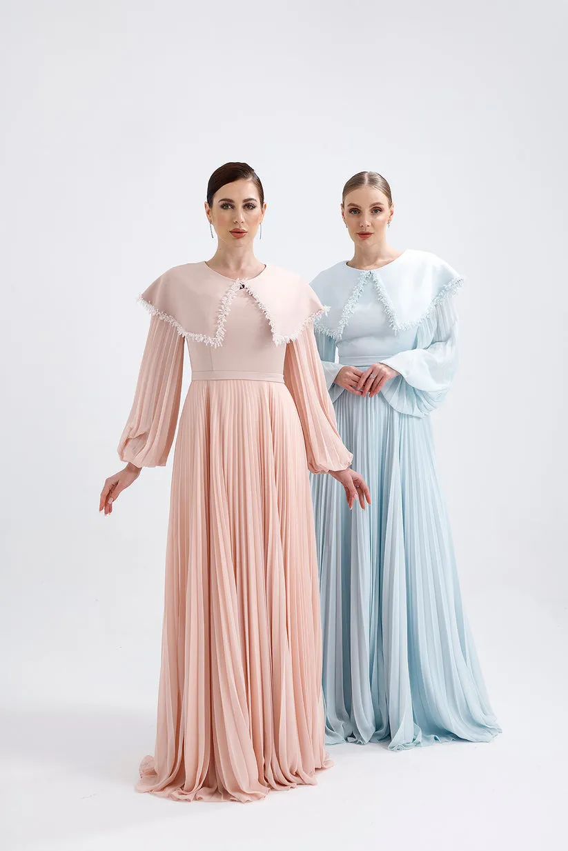 𝐒𝐀𝐌𝐀𝐍𝐓𝐇𝐀 Crepe Collar Embroidered Pleated Chiffon Hijab Evening Dress- T56734