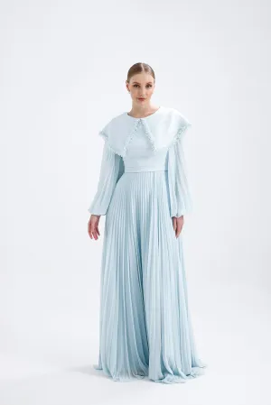 𝐒𝐀𝐌𝐀𝐍𝐓𝐇𝐀 Crepe Collar Embroidered Pleated Chiffon Hijab Evening Dress- T56734