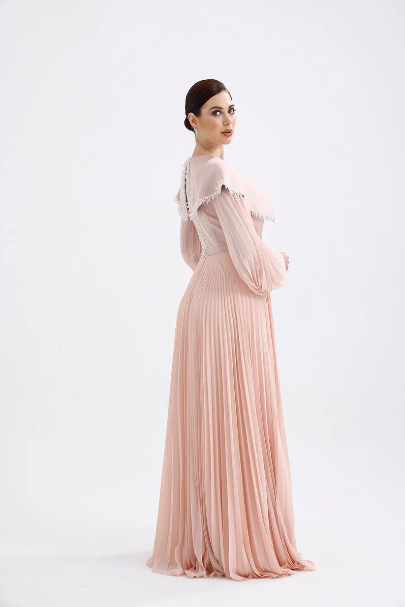 𝐒𝐀𝐌𝐀𝐍𝐓𝐇𝐀 Crepe Collar Embroidered Pleated Chiffon Hijab Evening Dress- T56734
