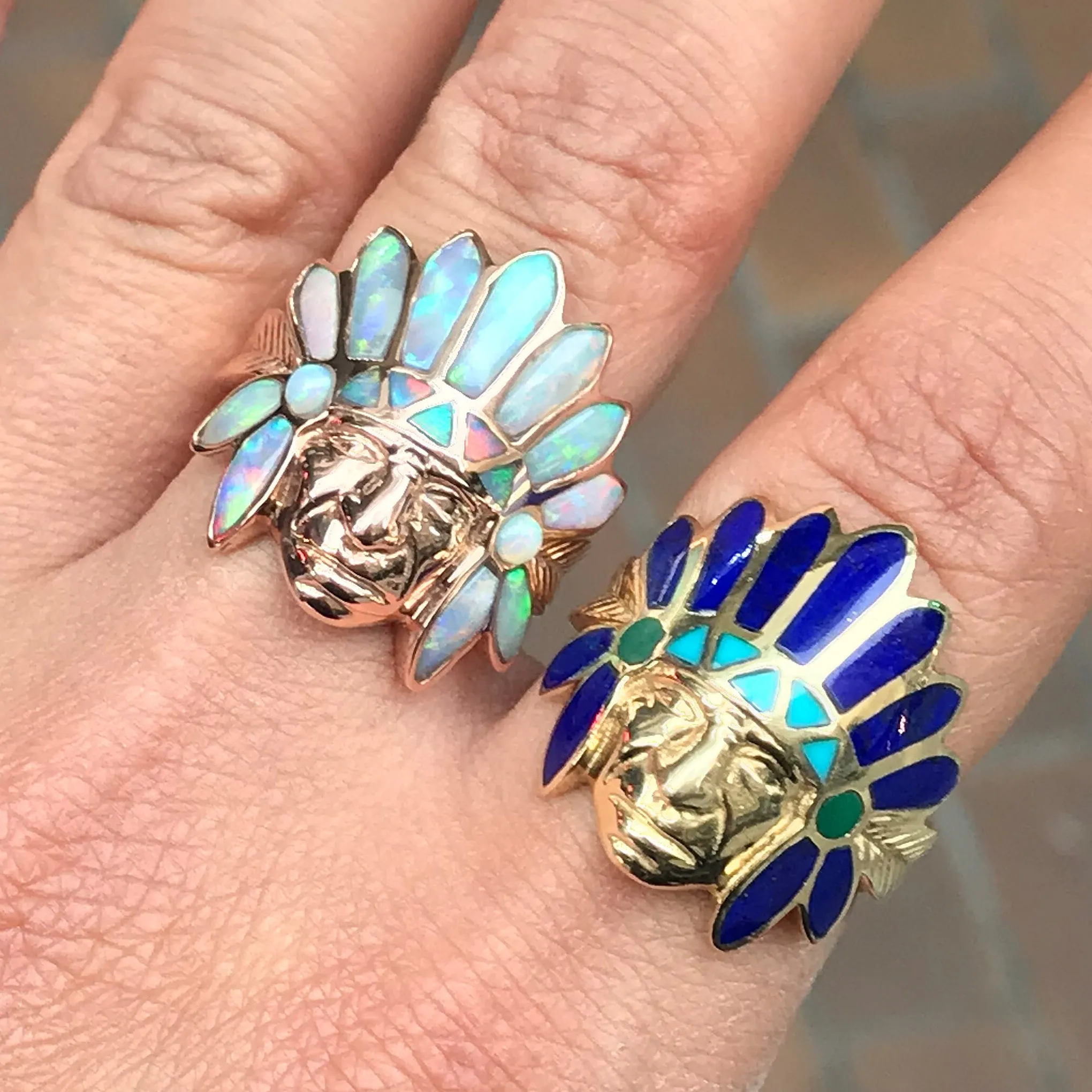 14K Gold Chief Head Ring ~ Opal