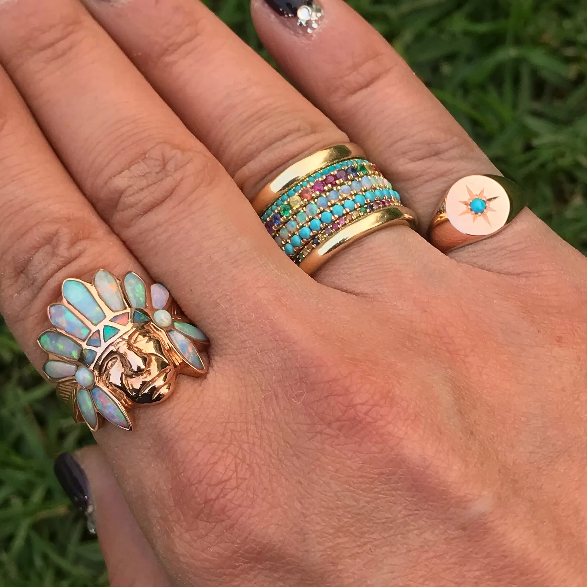 14K Gold Chief Head Ring ~ Opal