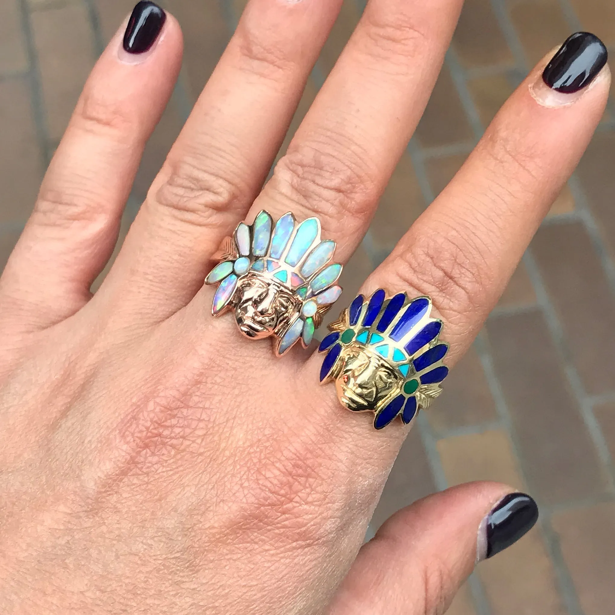 14K Gold Chief Head Ring ~ Opal