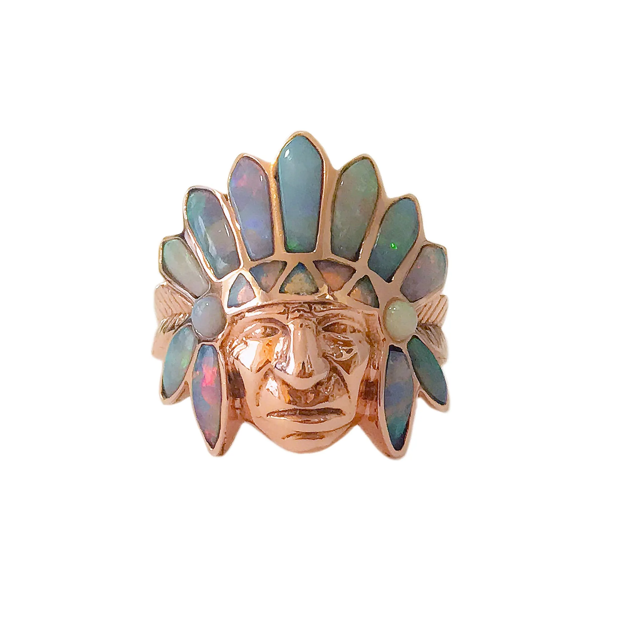 14K Gold Chief Head Ring ~ Opal