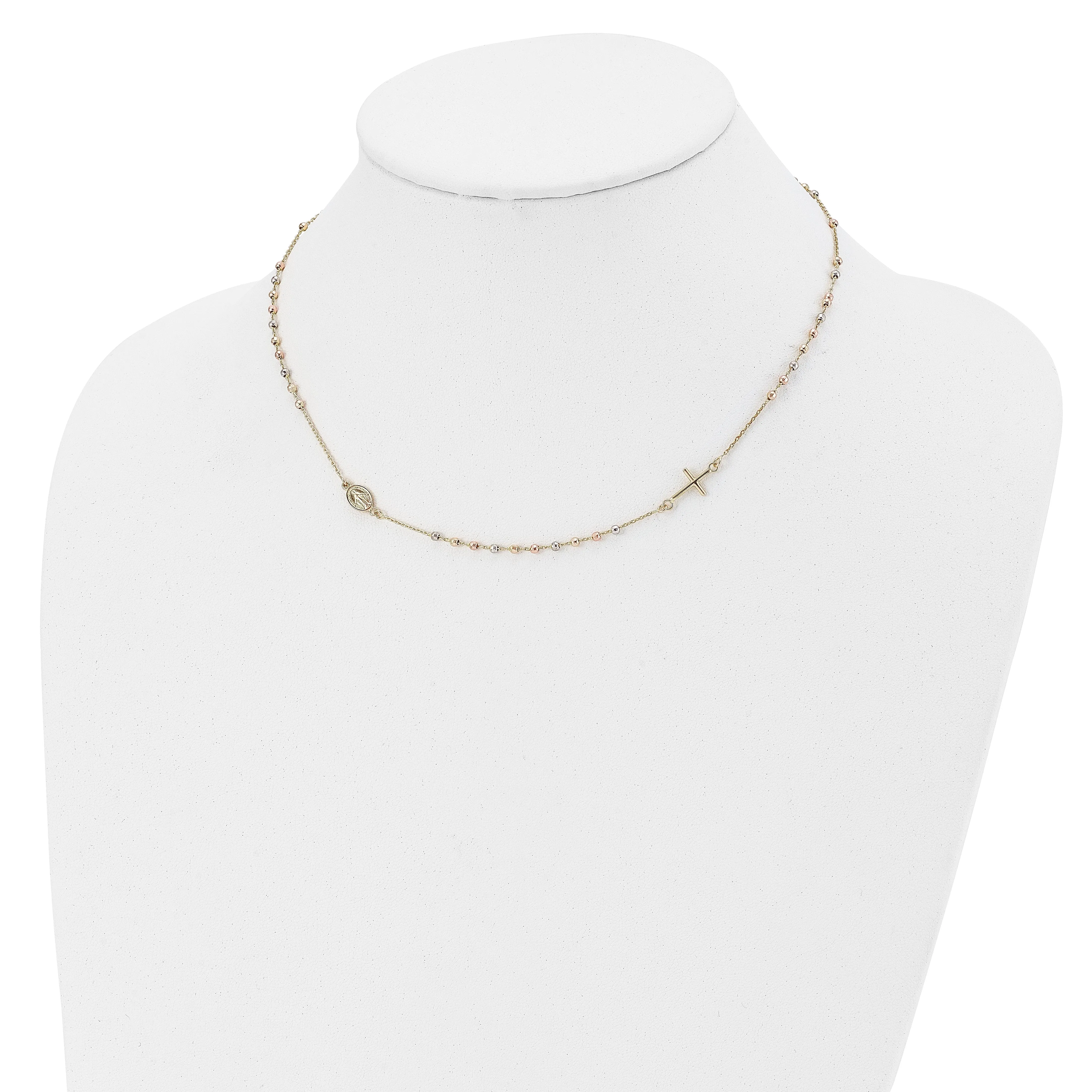 14k Tri Color Gold Sideway Cross Rosary Necklace