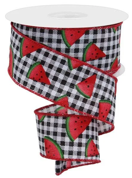 1.5" Watermelon Slice/Gingham: Black, White, Red, Green (10 Yards) RGE1062
