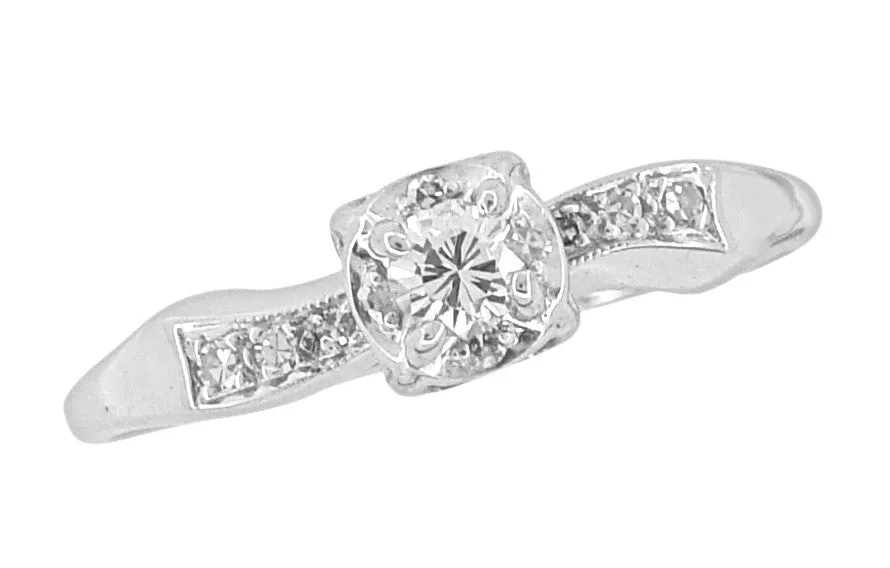 1960's Mid Century Modern Ribbons Vintage Diamond Enagement Ring in 14K White Gold