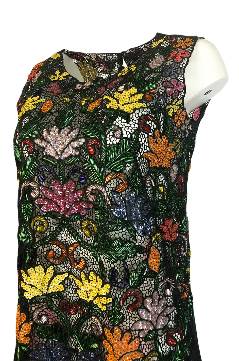 1960s Unlabeled Hand Made & Beaded and Sequin Netted Cord Dress