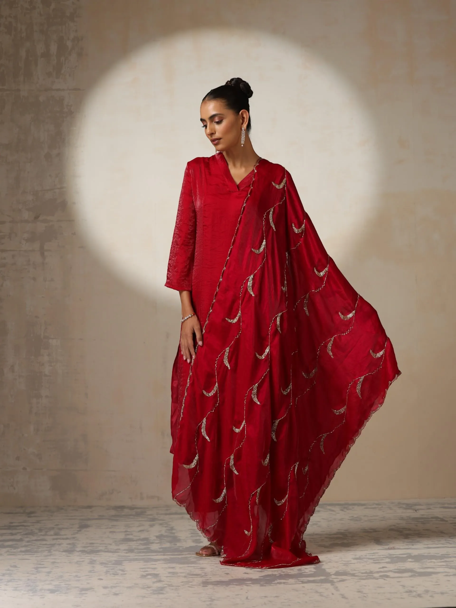 3 pc SET - Fuchsia Red Metallic Satin Top and Bottom with Hand Beaded Scallop Dupatta