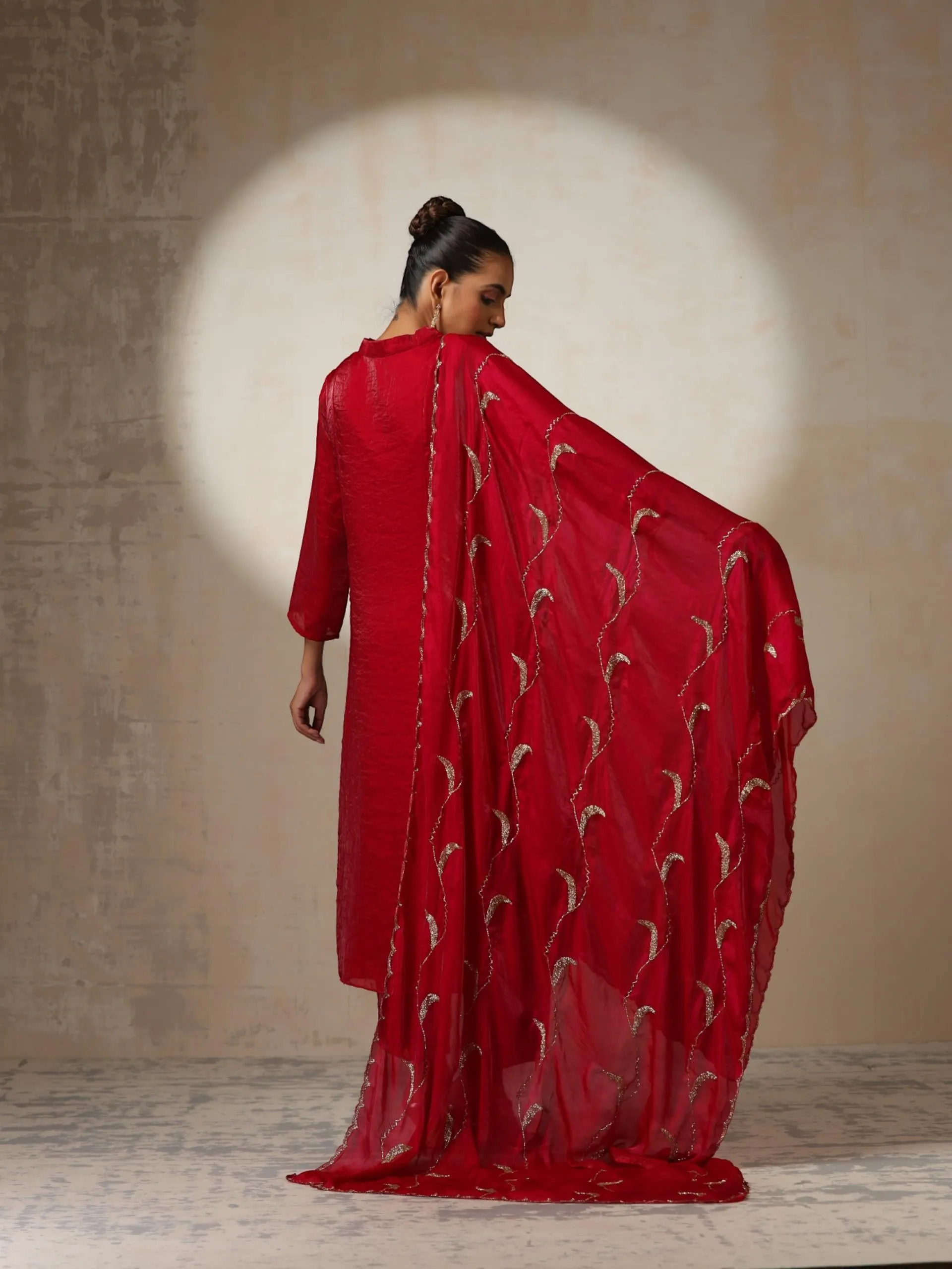 3 pc SET - Fuchsia Red Metallic Satin Top and Bottom with Hand Beaded Scallop Dupatta