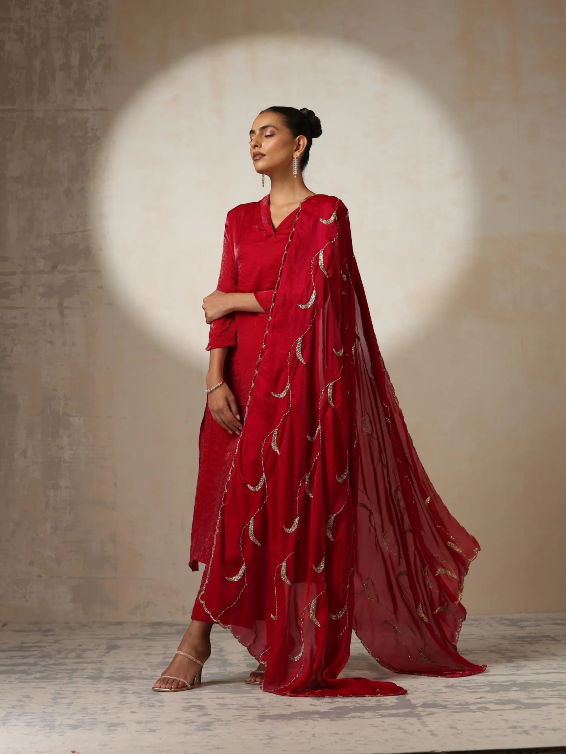 3 pc SET - Fuchsia Red Metallic Satin Top and Bottom with Hand Beaded Scallop Dupatta