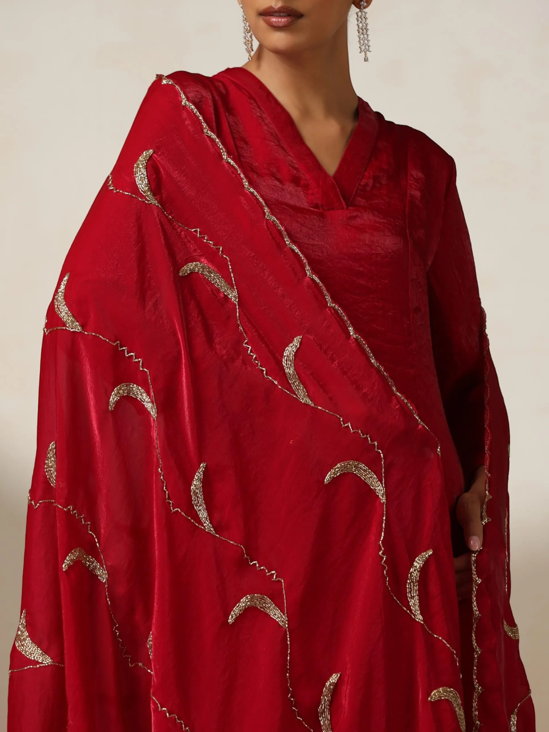 3 pc SET - Fuchsia Red Metallic Satin Top and Bottom with Hand Beaded Scallop Dupatta