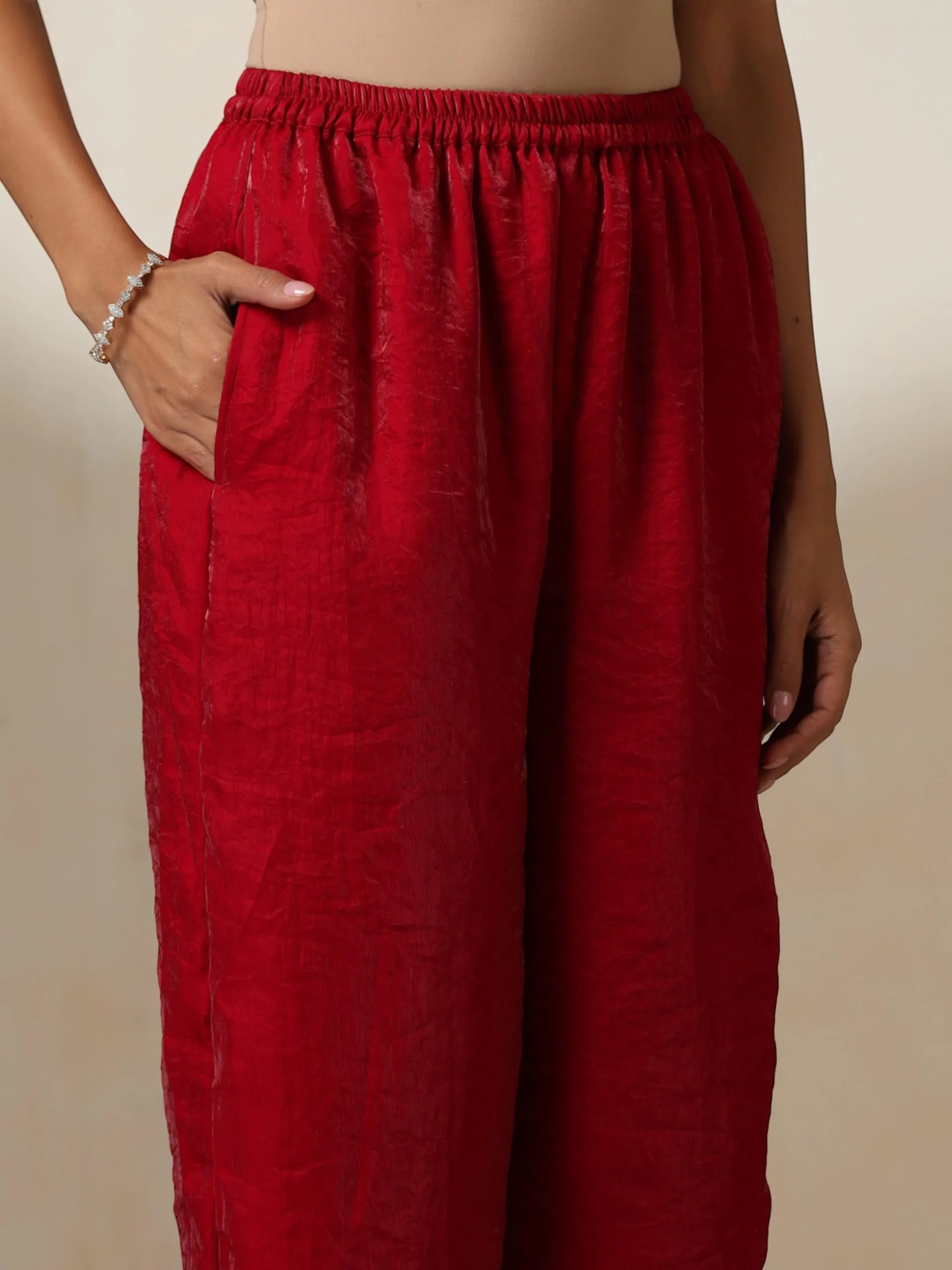 3 pc SET - Fuchsia Red Metallic Satin Top and Bottom with Hand Beaded Scallop Dupatta