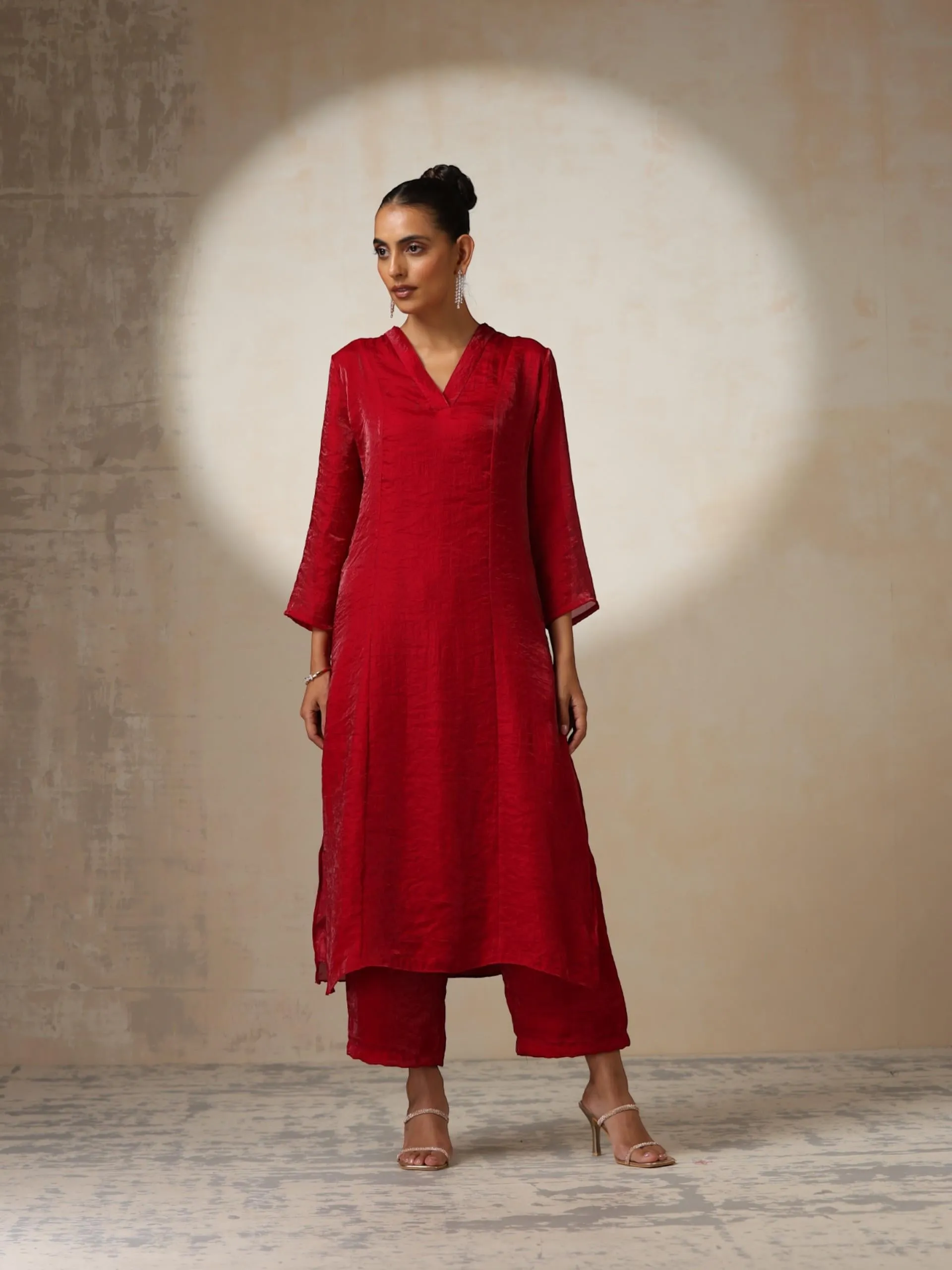 3 pc SET - Fuchsia Red Metallic Satin Top and Bottom with Hand Beaded Scallop Dupatta