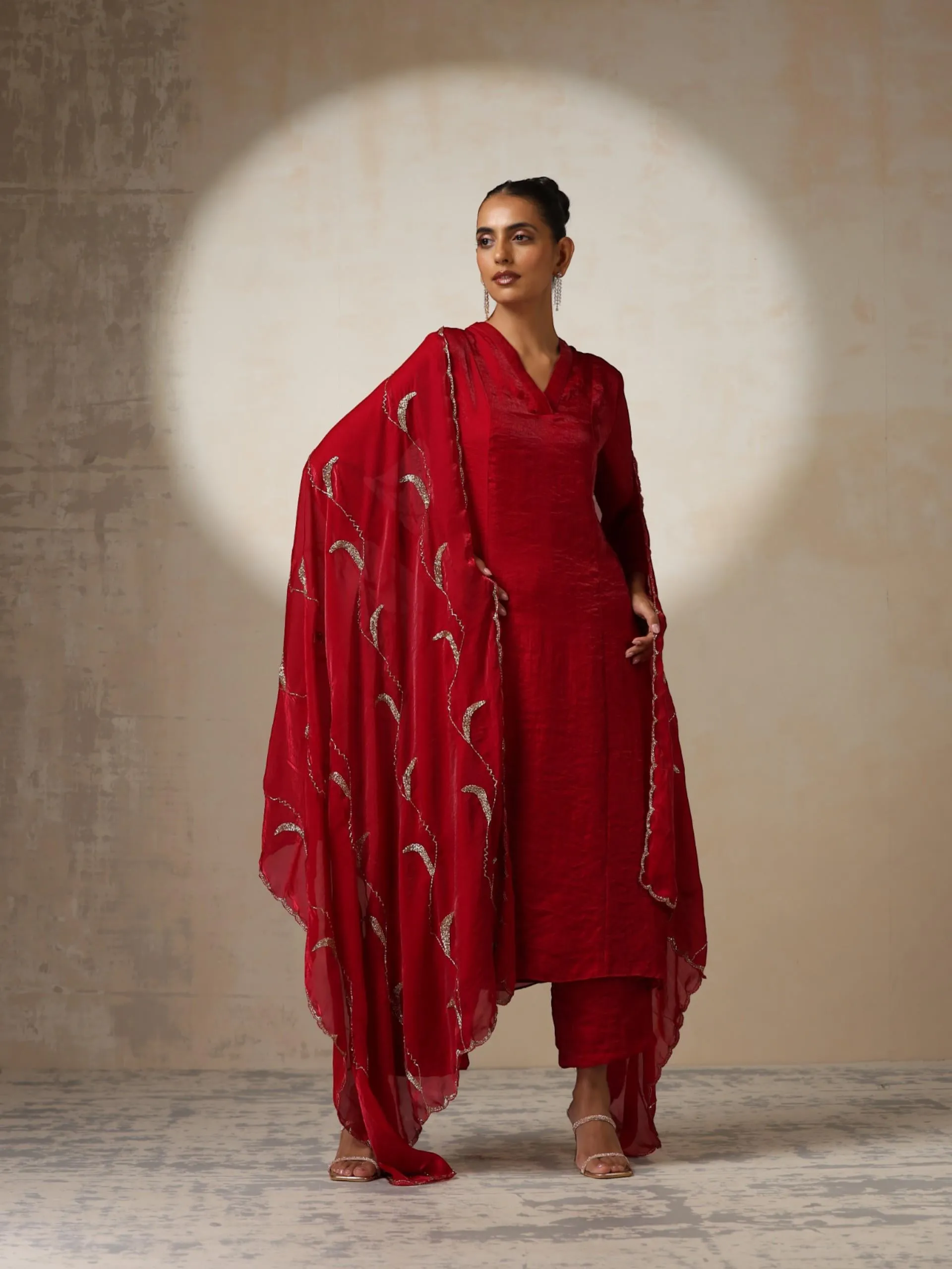 3 pc SET - Fuchsia Red Metallic Satin Top and Bottom with Hand Beaded Scallop Dupatta