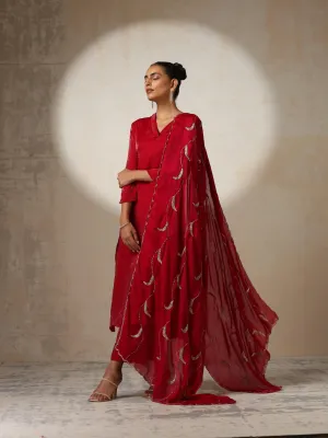 3 pc SET - Fuchsia Red Metallic Satin Top and Bottom with Hand Beaded Scallop Dupatta