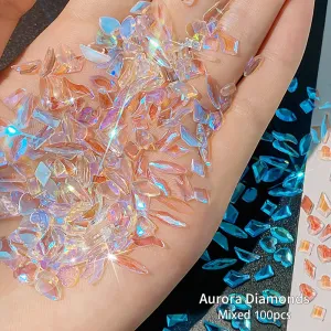 3D Nail art aurora rhinestones multi shape mix nail crystal crafts shiny nail art decoration DIY nail art design (100pcs mixed set) (Aurora)