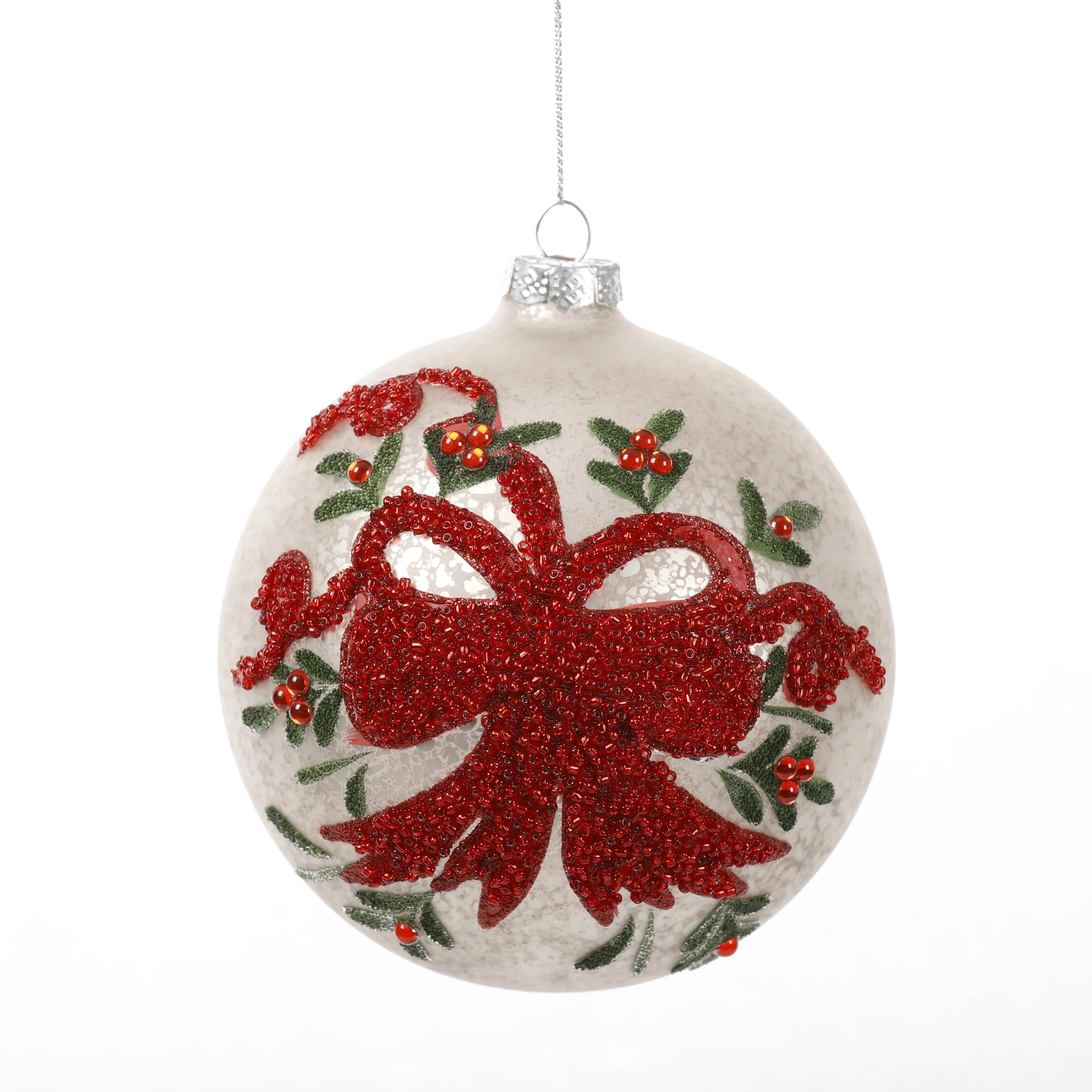 4.5" RED/SILVER BOW BEADED ORNAMENT