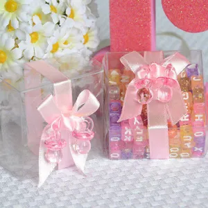 6 Clear Baby Shower Favor Boxes with Pink Ribbon and Pacifier