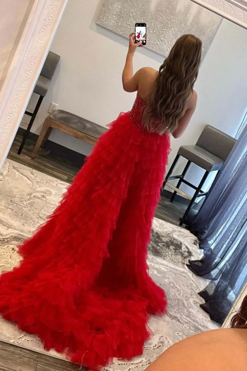 A-Line Red High Low 2025 Prom Dresses Tulle Sweetheart Beaded Tiered Formal Dress