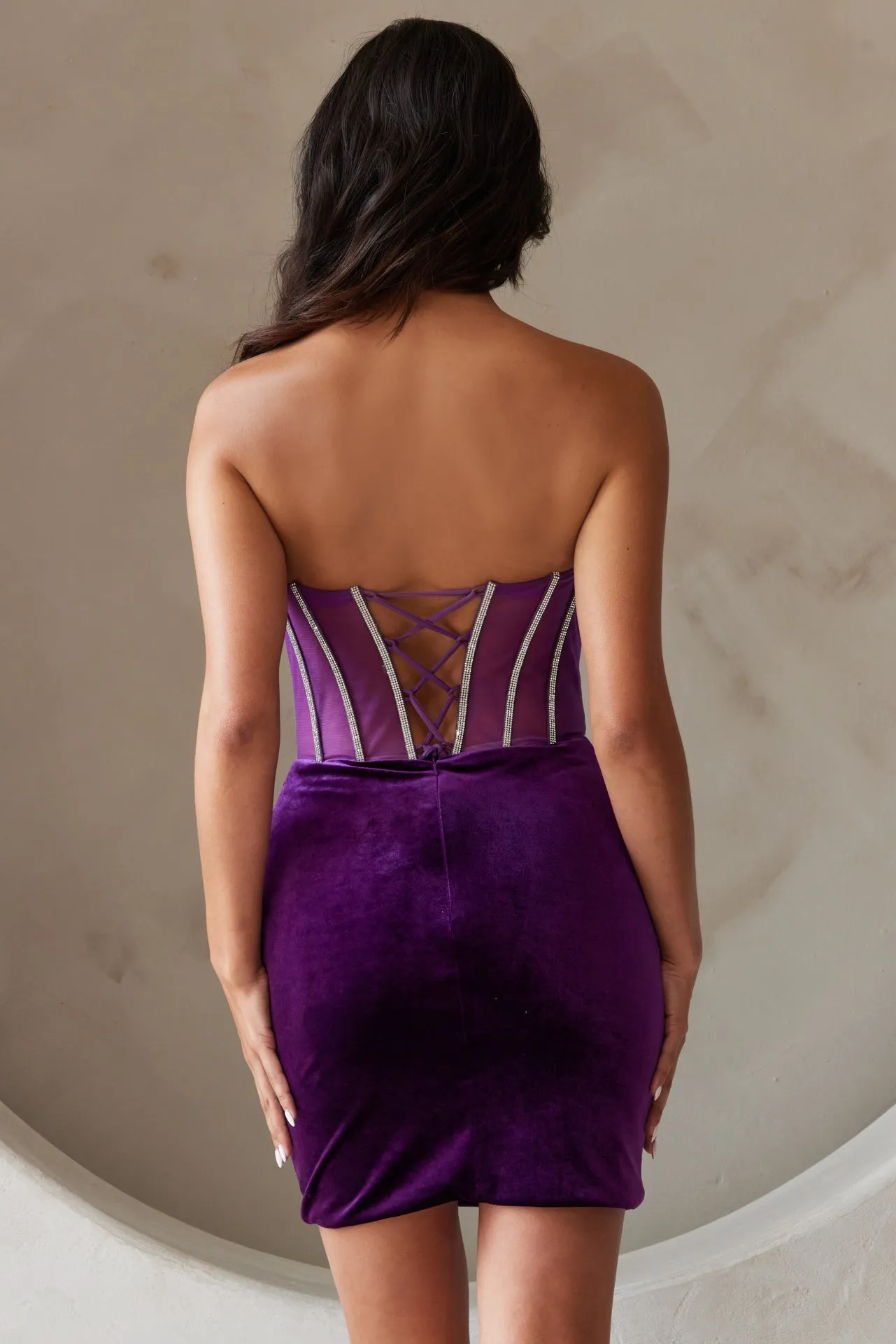 AC 5056S - Short Velvet Homecoming Dress with Sheer Rhinestone Bodice Corset & Lace Up Back
