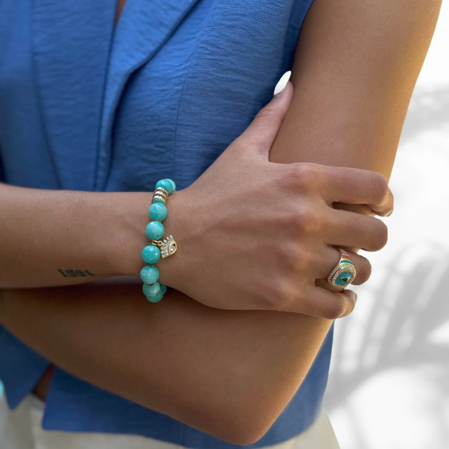 Amazonite Stone Diamond Evil Eye Charm Beaded Bracelet