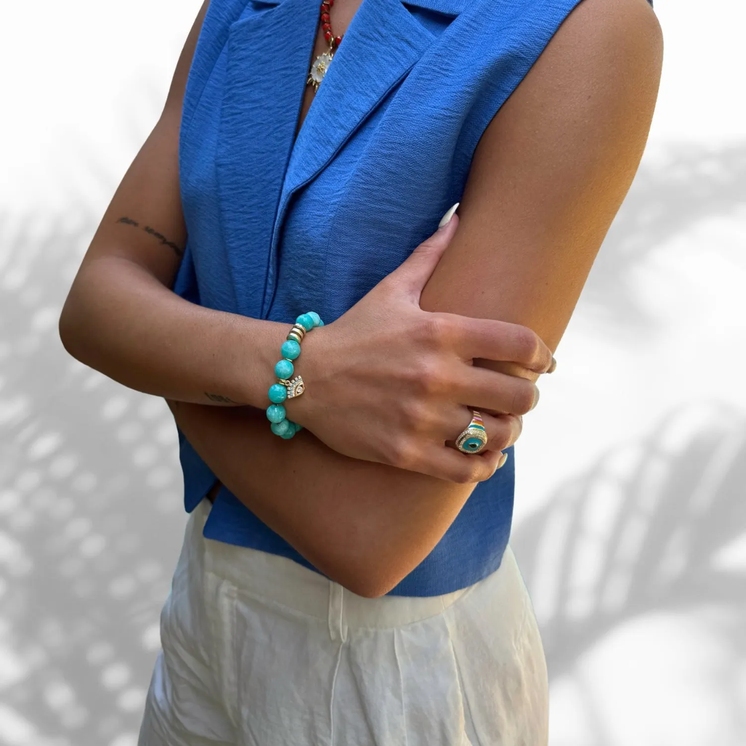 Amazonite Stone Diamond Evil Eye Charm Beaded Bracelet