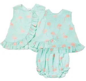 Angel Dear Flamingo Muslin Ruffle Back Top & Bloomer Set