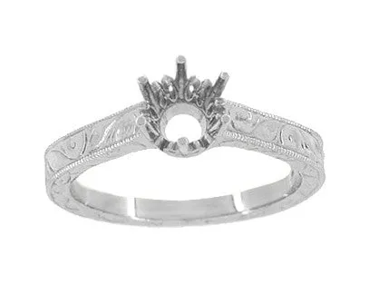 Art Deco 1/3 Carat Crown Filigree Scrolls Engagement Ring Setting in 14K or 18K White Gold