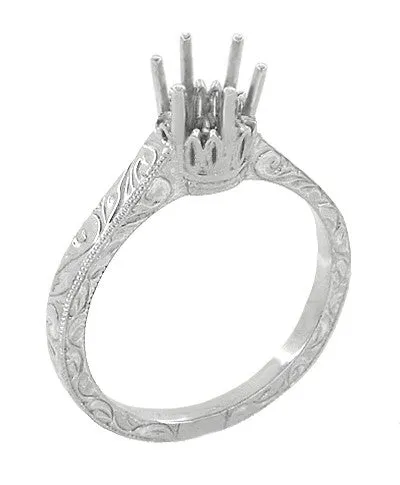 Art Deco 1/3 Carat Crown Filigree Scrolls Engagement Ring Setting in 14K or 18K White Gold