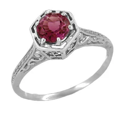 Art Deco Antique Style Filigree Hexagonal 1.20 Carat Rhodolite Garnet Engagement Ring in 14K White Gold