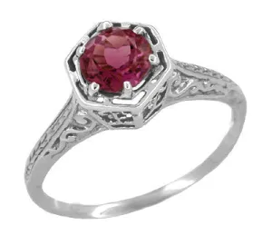 Art Deco Antique Style Filigree Hexagonal 1.20 Carat Rhodolite Garnet Engagement Ring in 14K White Gold