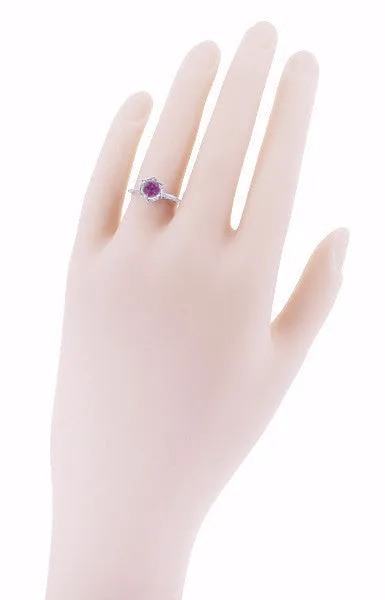 Art Deco Antique Style Filigree Hexagonal 1.20 Carat Rhodolite Garnet Engagement Ring in 14K White Gold