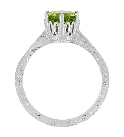 Art Deco Crown Filigree Scrolls Solitaire Peridot Engagement Ring in 18 Karat White Gold