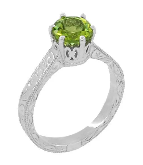 Art Deco Crown Filigree Scrolls Solitaire Peridot Engagement Ring in 18 Karat White Gold