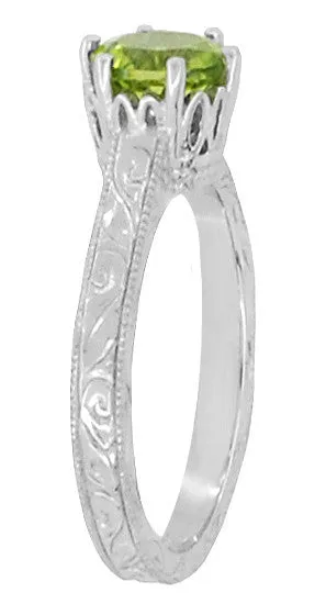 Art Deco Crown Filigree Scrolls Solitaire Peridot Engagement Ring in 18 Karat White Gold