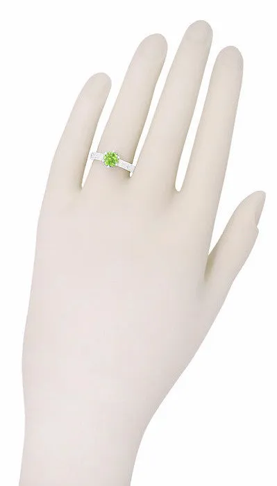 Art Deco Crown Filigree Scrolls Solitaire Peridot Engagement Ring in 18 Karat White Gold