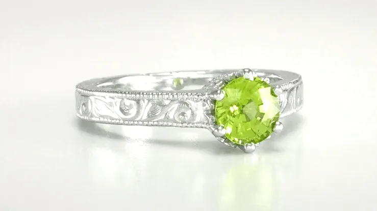 Art Deco Crown Filigree Scrolls Solitaire Peridot Engagement Ring in 18 Karat White Gold
