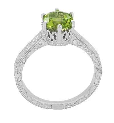 Art Deco Crown Filigree Scrolls Solitaire Peridot Engagement Ring in 18 Karat White Gold