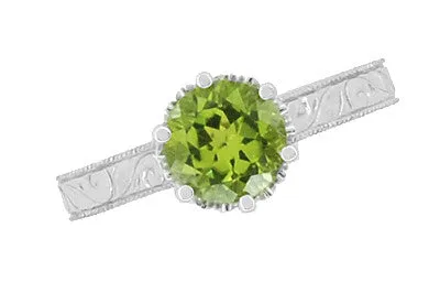 Art Deco Crown Filigree Scrolls Solitaire Peridot Engagement Ring in 18 Karat White Gold