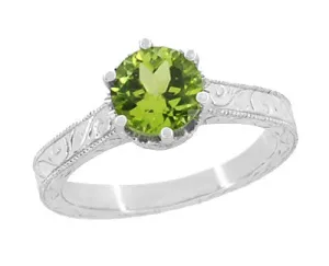 Art Deco Crown Filigree Scrolls Solitaire Peridot Engagement Ring in 18 Karat White Gold