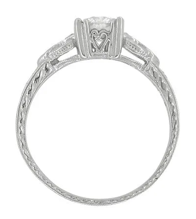 Art Deco Loving Hearts Antique Style Engraved 3/4 Carat Diamond Engagement Ring in 14 or 18 Karat White Gold