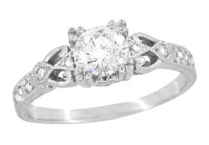 Art Deco Loving Hearts Antique Style Engraved 3/4 Carat Diamond Engagement Ring in 14 or 18 Karat White Gold