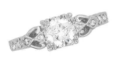 Art Deco Loving Hearts Antique Style Engraved 3/4 Carat Diamond Engagement Ring in 14 or 18 Karat White Gold