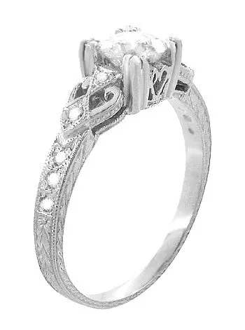Art Deco Loving Hearts Antique Style Engraved 3/4 Carat Diamond Engagement Ring in 14 or 18 Karat White Gold