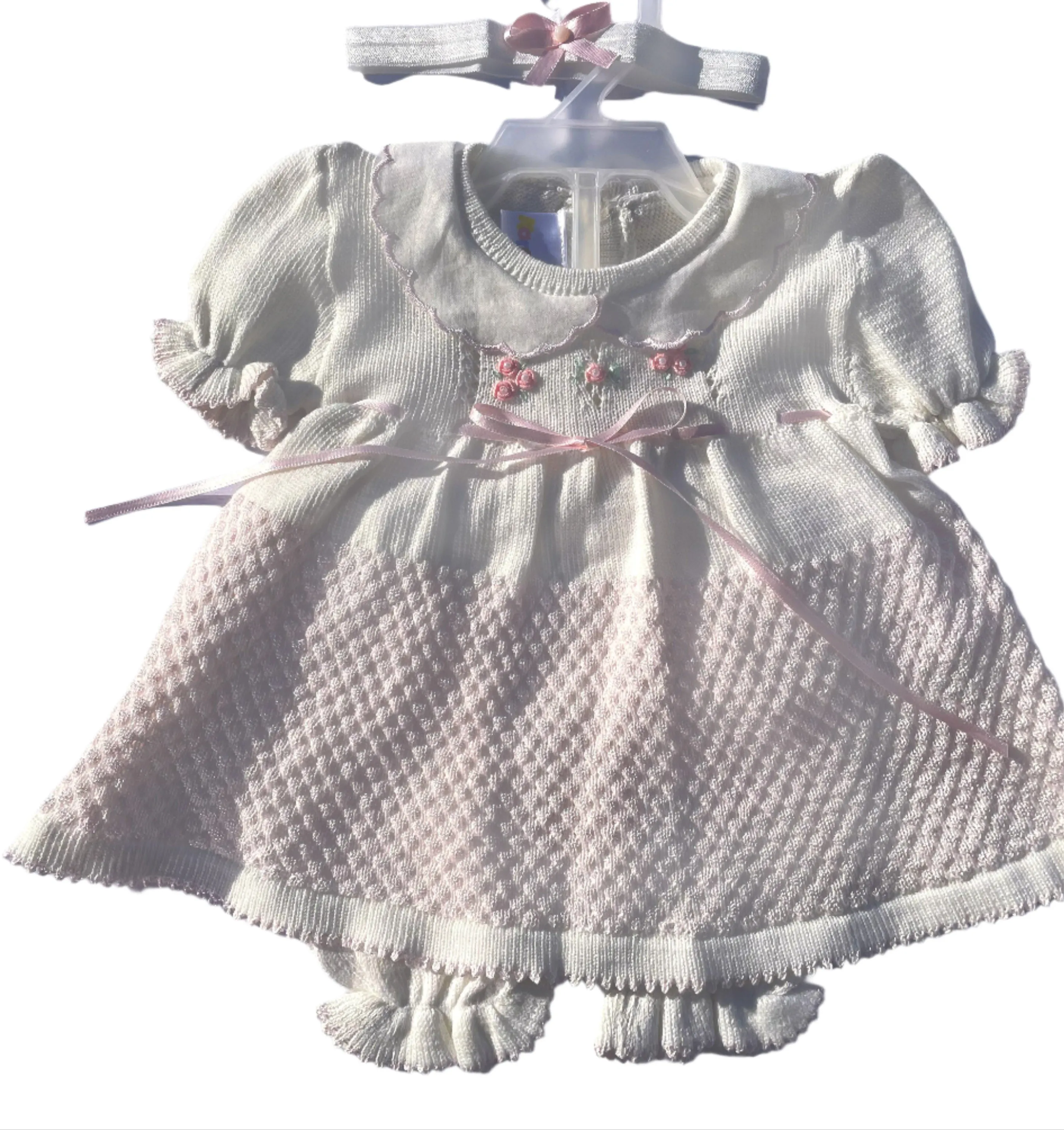 Baby Girls Ivory & Pink Knit Dress Set with Bloomers Newborn