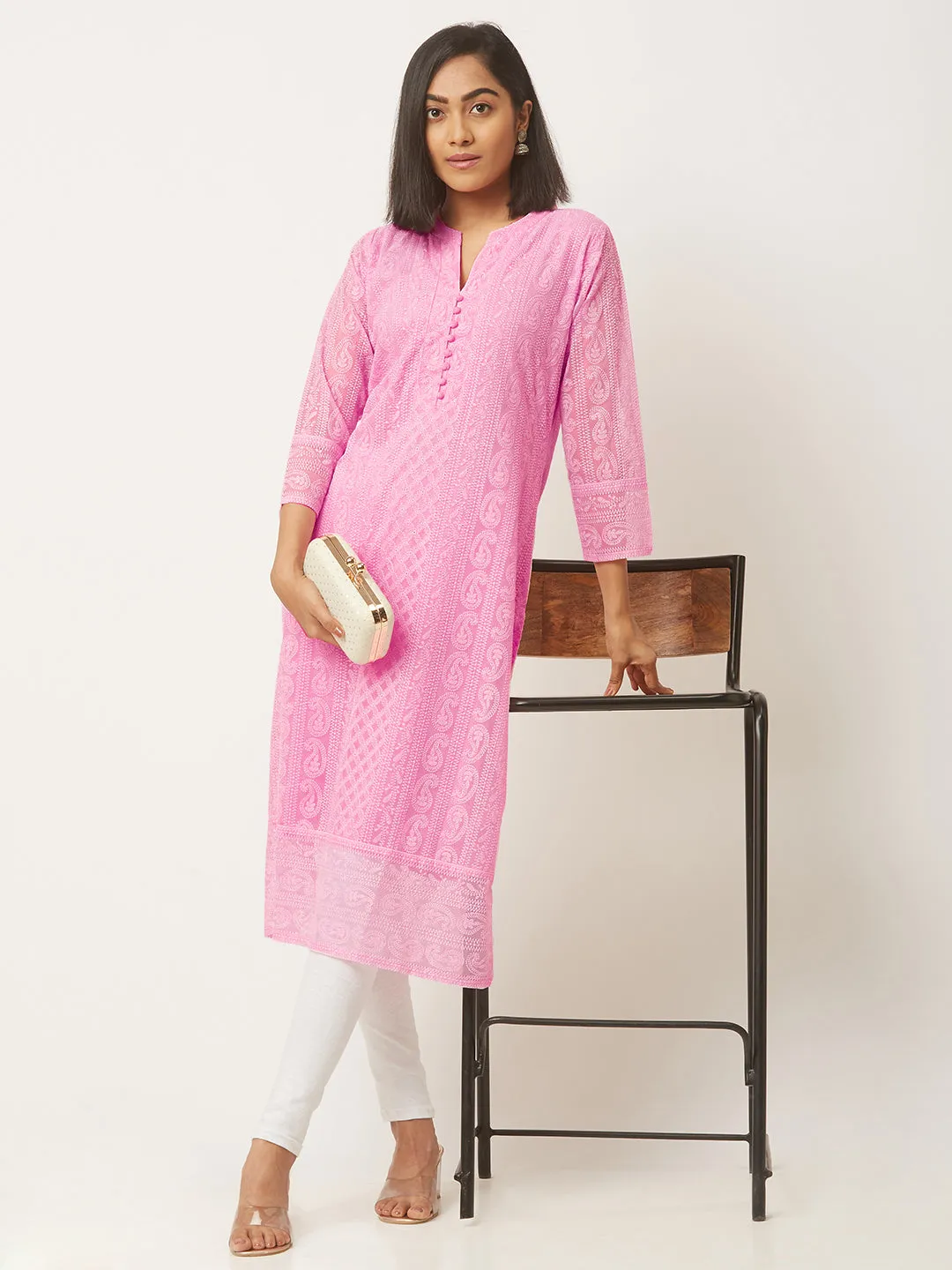 Baby Pink Chikankari Kurti - Paisley Embroidered Georgette Lucknowi Chikankari Kurta For Women - ZOLA