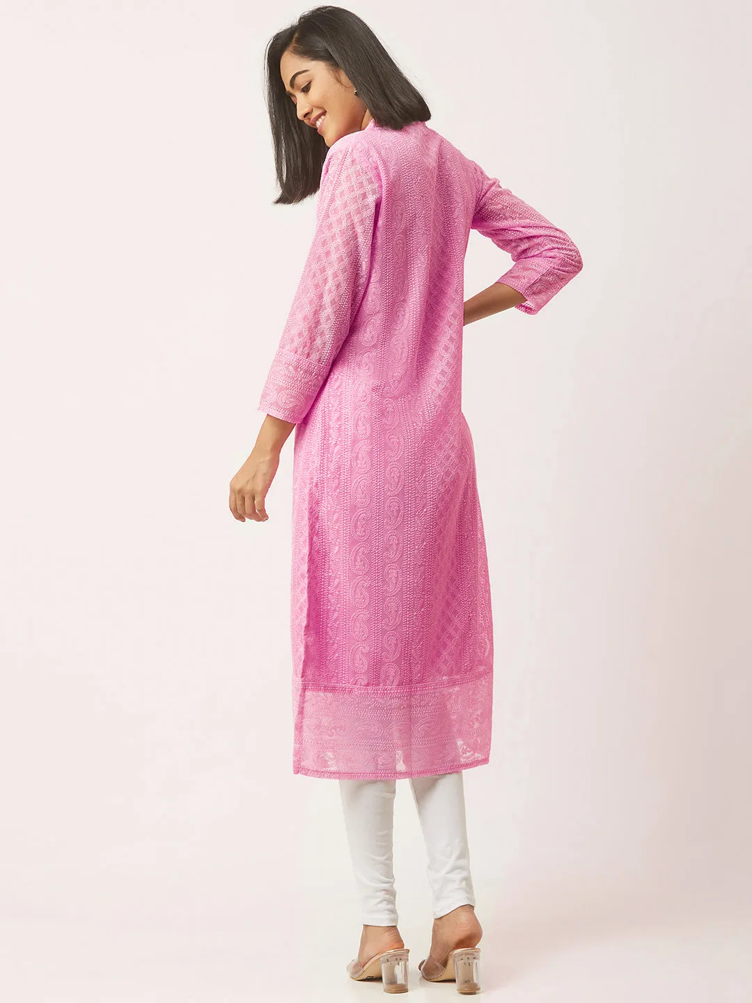 Baby Pink Chikankari Kurti - Paisley Embroidered Georgette Lucknowi Chikankari Kurta For Women - ZOLA