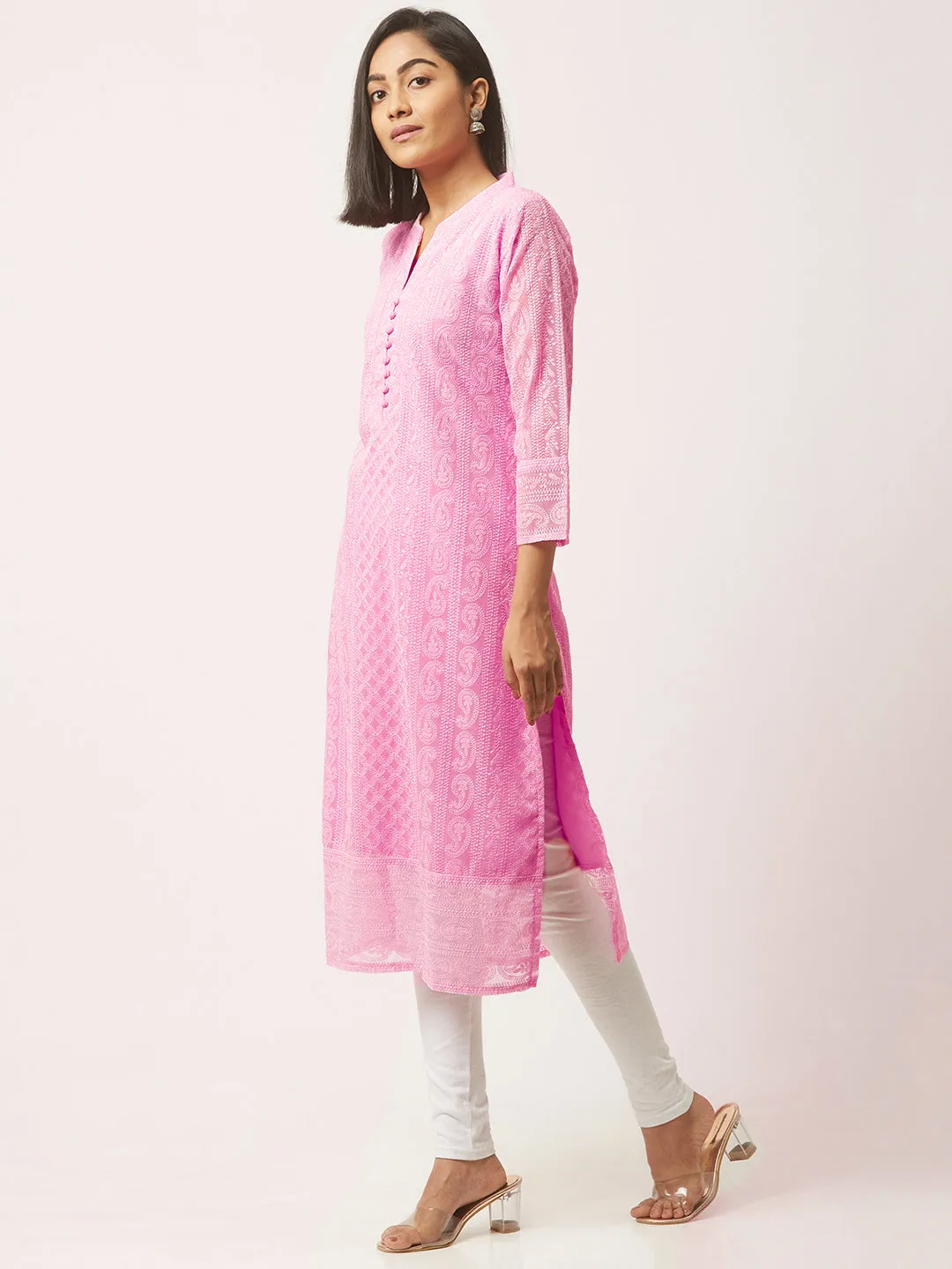 Baby Pink Chikankari Kurti - Paisley Embroidered Georgette Lucknowi Chikankari Kurta For Women - ZOLA
