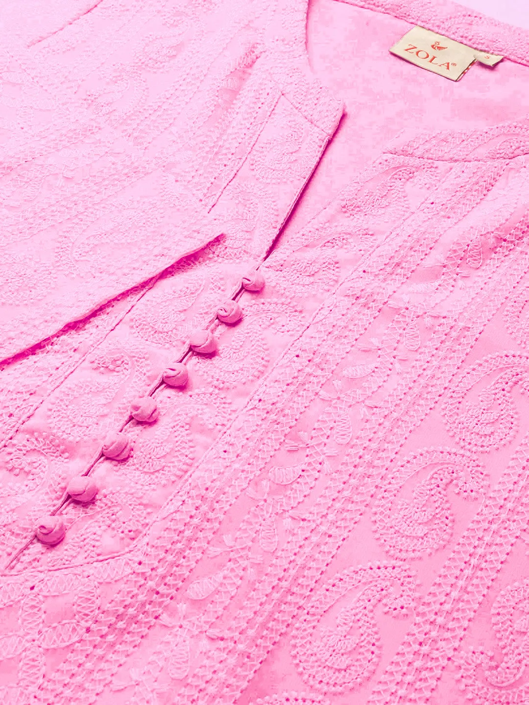 Baby Pink Chikankari Kurti - Paisley Embroidered Georgette Lucknowi Chikankari Kurta For Women - ZOLA