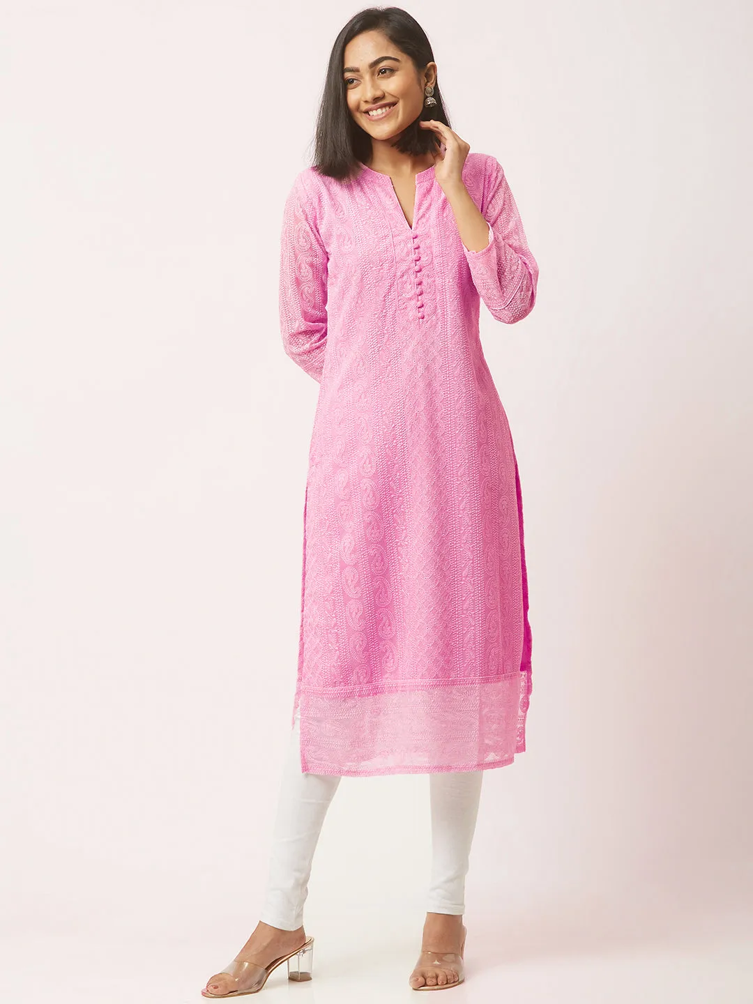 Baby Pink Chikankari Kurti - Paisley Embroidered Georgette Lucknowi Chikankari Kurta For Women - ZOLA